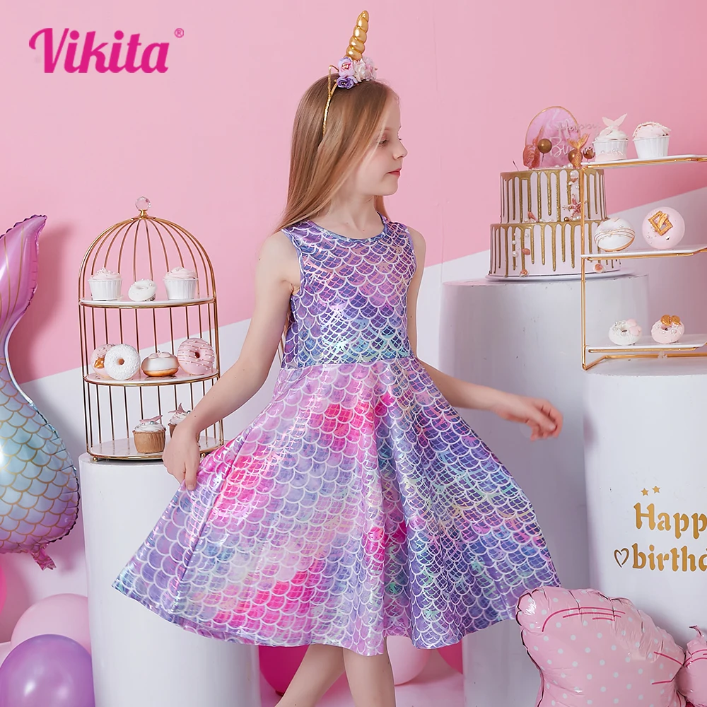 VIKITA Kids Mermaid Print Dress Girls Sleeveless Summer Dresses Girls Casual Daily Polyester Dress Kids Party Princess Dresses