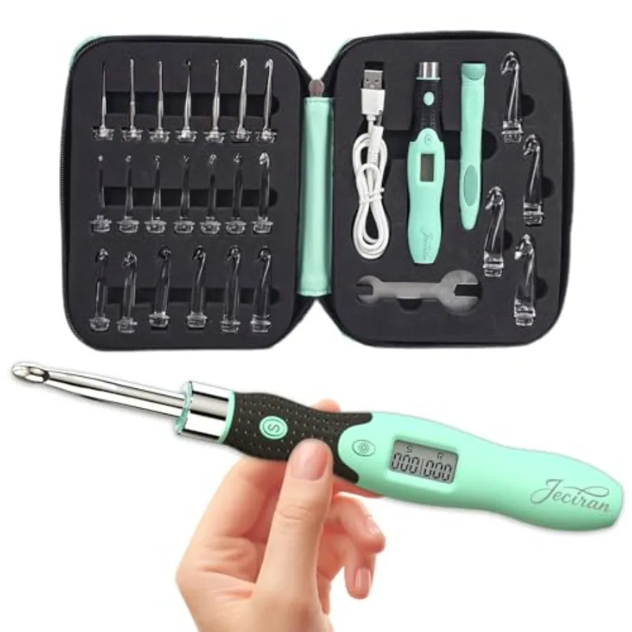 

Upgraded Lighted Crochet Hooks Set with 24 Interchangeable Heads-Rechargeable Counting Crochet Hook Set-No Need to Move Fingers
