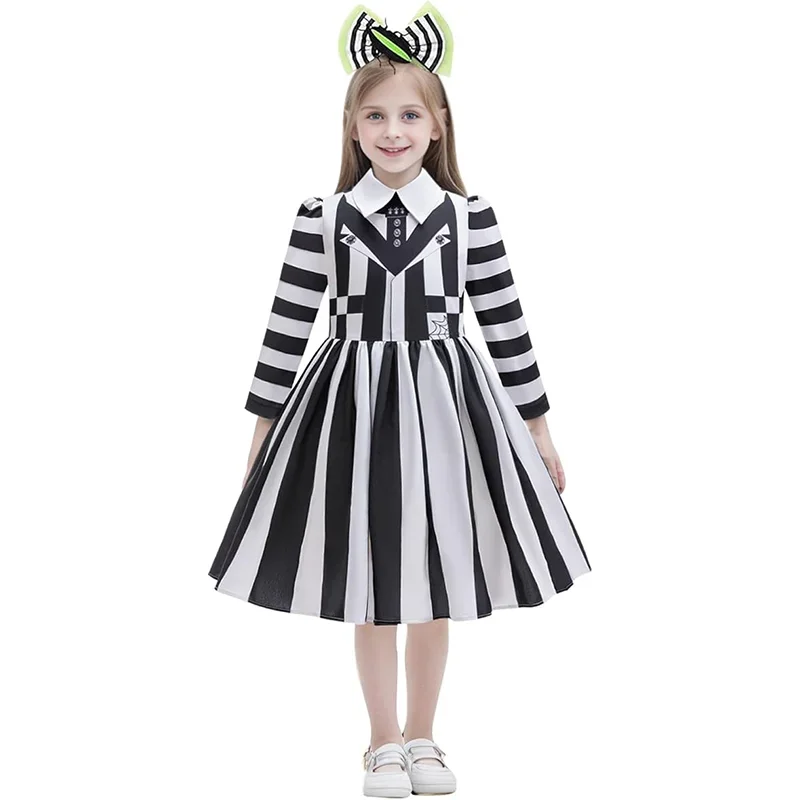 

Halloween Cosplay Costume Movie Black And White Striped Princess Dress Headband For School Age Birthday Party Carnival Outfit