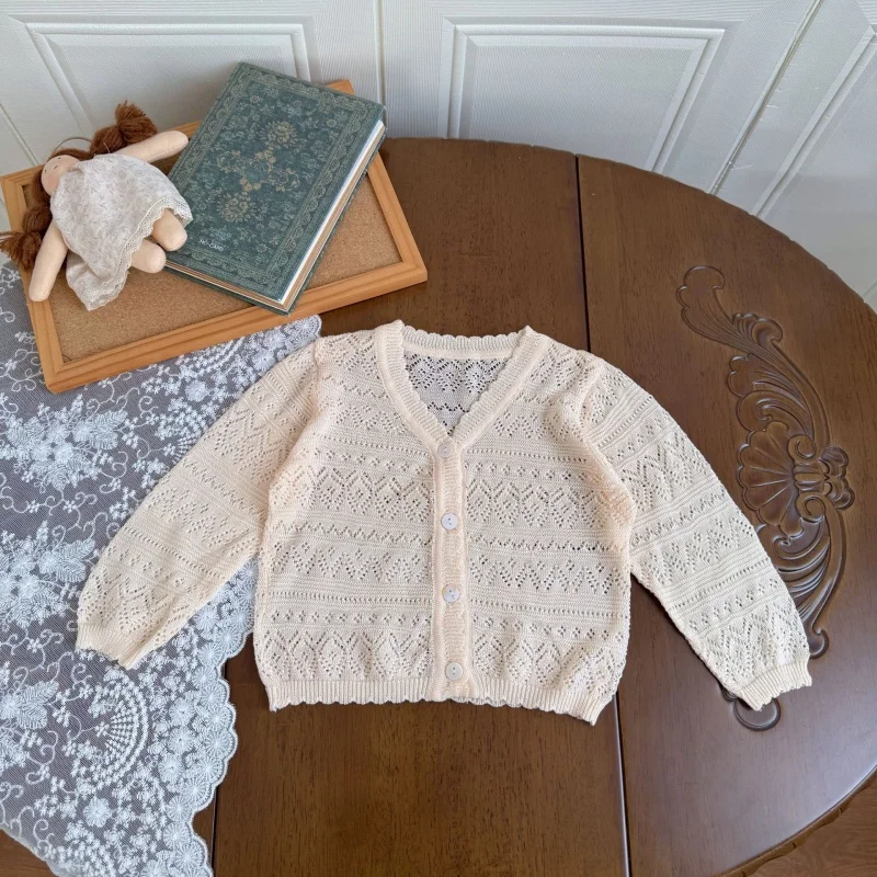 2026 Summer Korean Baby Girl Knit Cardigan 6M-4Y Hollow Out Breathable Thin Kids Outerwear Comfortable Casual Outfit