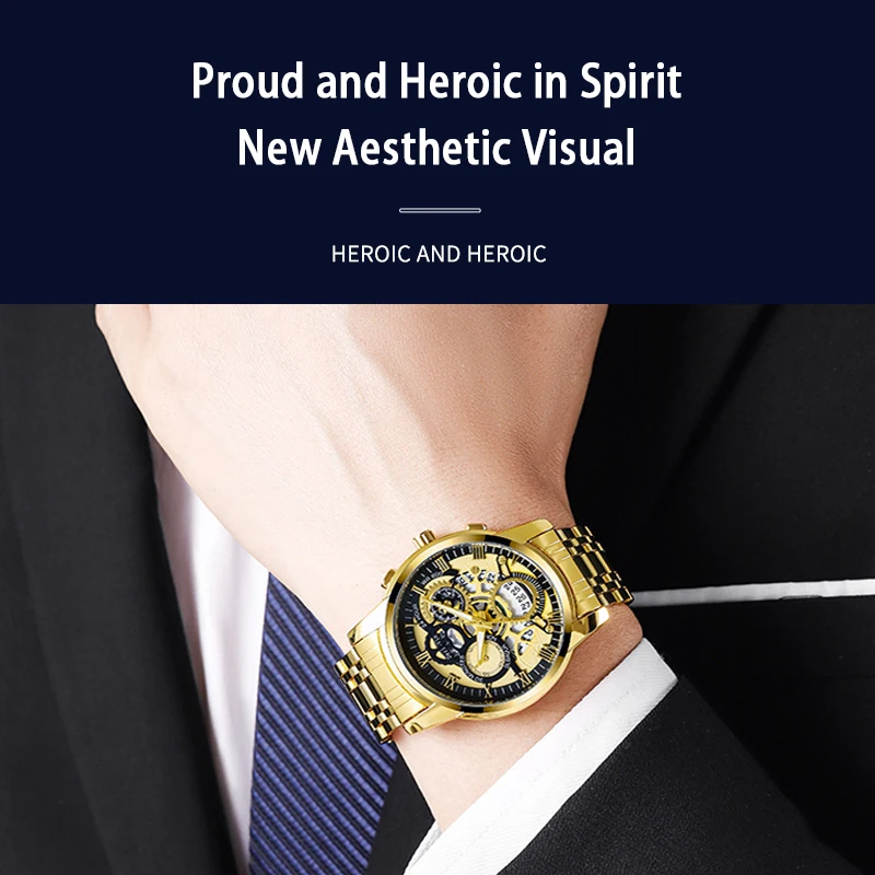 UTHAI BK140 Modieuze Man horloge waterdicht kalender nachtlampje stalen strip herenhorloge sport klok cadeau horloges voor man