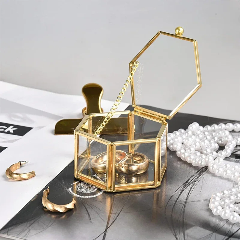 

High-end Hexagonal Ring Box Gold And Jewelry Accessory Box Golden Glass Luxurious And Retro Jewelry Storage Box