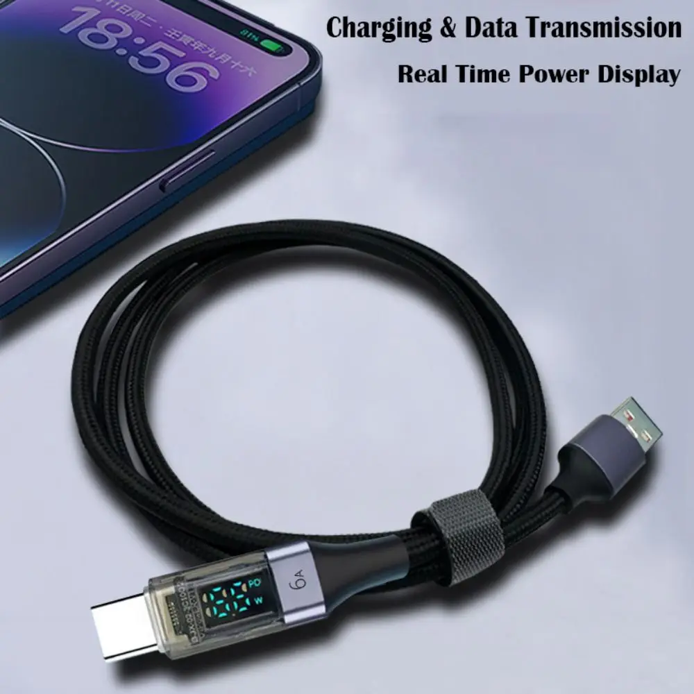 Digital Display 6A USB C Cable PD 66W Visible A to C Data Cord 0.5M/1M/2M Nylon Woven for Xiaomi/Samsung/OPPO