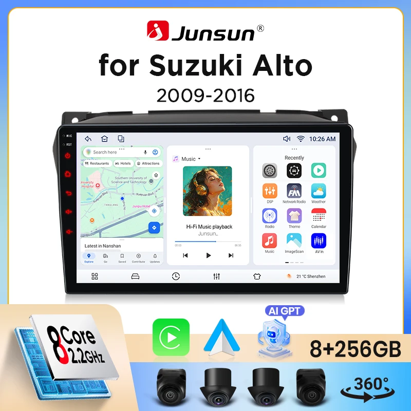 Image of Junsun Wireless CarPlay Android Auto Autoradio für Suzuki Alto Mk7 (GF/HA25) 2009-2014 mit integriertem Lüfter, Android GPS-Navigation, Multimedia-Player, WiFi, DSP, RDS, BT, SWC, IPS-Touchscreen,