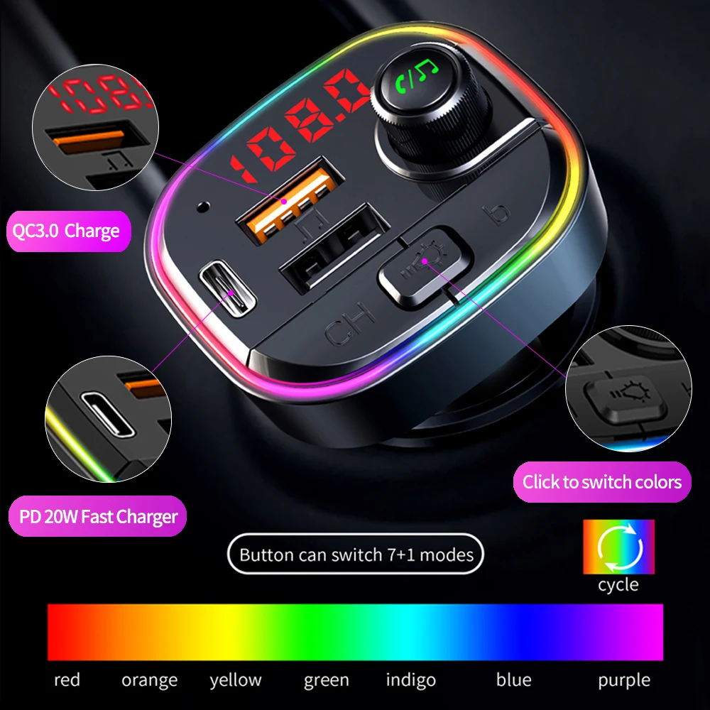 Car Bluetooth 5.0 FM Transmitter Wireless Handsfree Audio Mp3 Player Adapter QC3.0 PD Fast Charging Fm Modulator