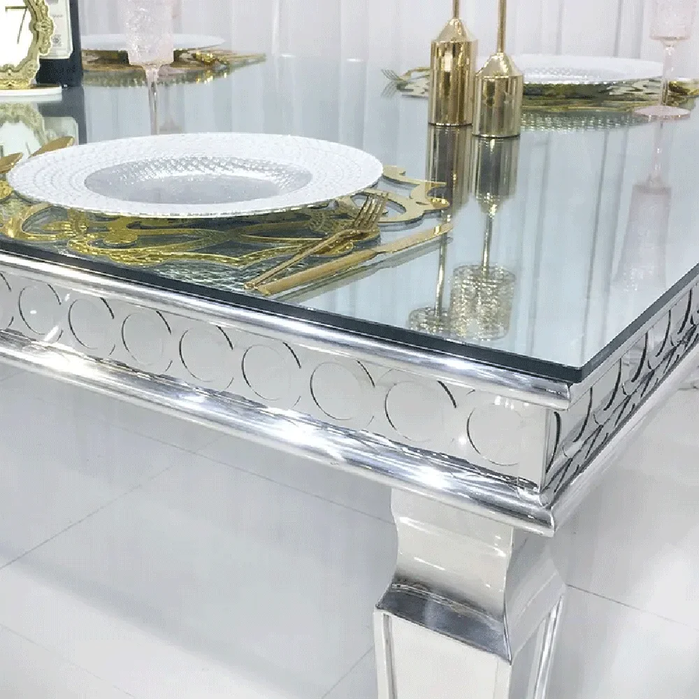 Luxury stainless steel silver rectangle tables event glass mirror dining table for wedding