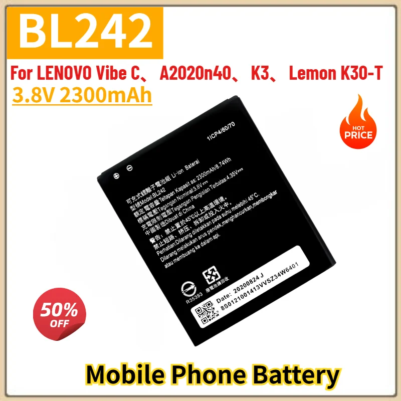 BL242 Battery 3.8V 2300mAh For LENOVO Vibe C、A2020n40、K3、Lemon K30‑T Mobile Phone High Quality Replacement Battery