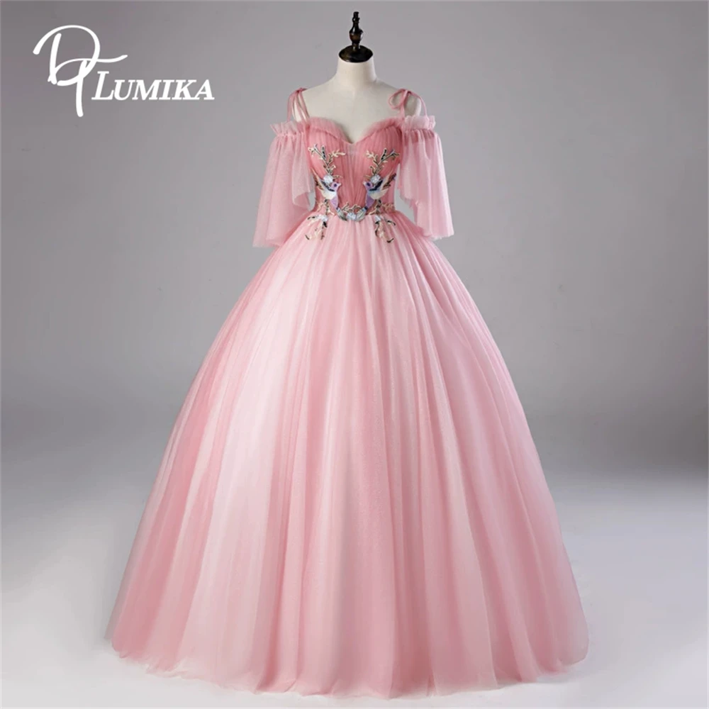 DTLumika Lovely Pink Tulle Prom Dress for Women, Floral Appliques Sweet 15 16 Dresses Simple Evening Gowns Wedding Guest Dresses