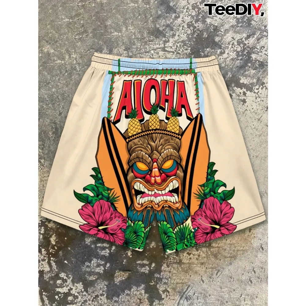 Men Summer Vintage Hawaii Aloha Tiki Totem Hibiscus All Over Print Quick Dry Streetwear Vacation Swim Trunks
