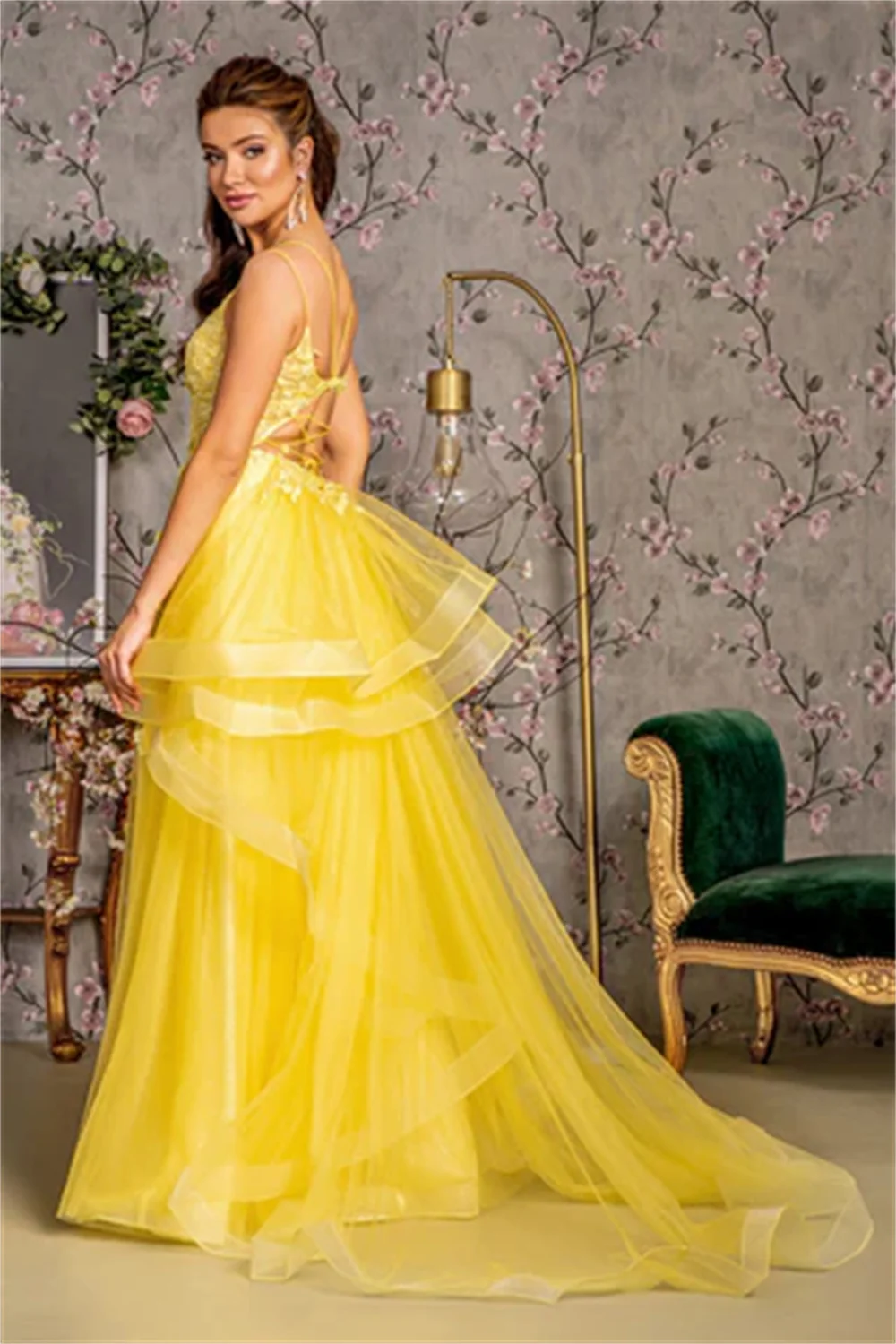 Annie-Robe de Mariée Jaune Élégante, Broderie en Dentelle, Appliques 3D, Robes de Bal, Corset en Tulle Pailmétrage, Robes sur Mesure pour Occasions