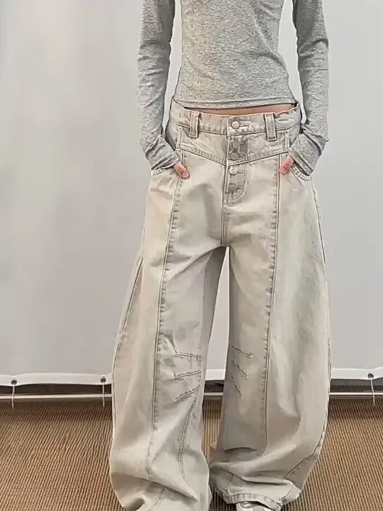 American Retro Deconstructed Single Button Design Wide Leg Casual Jeans Unisex High Street Loose Fit Versatile Loose Jeans