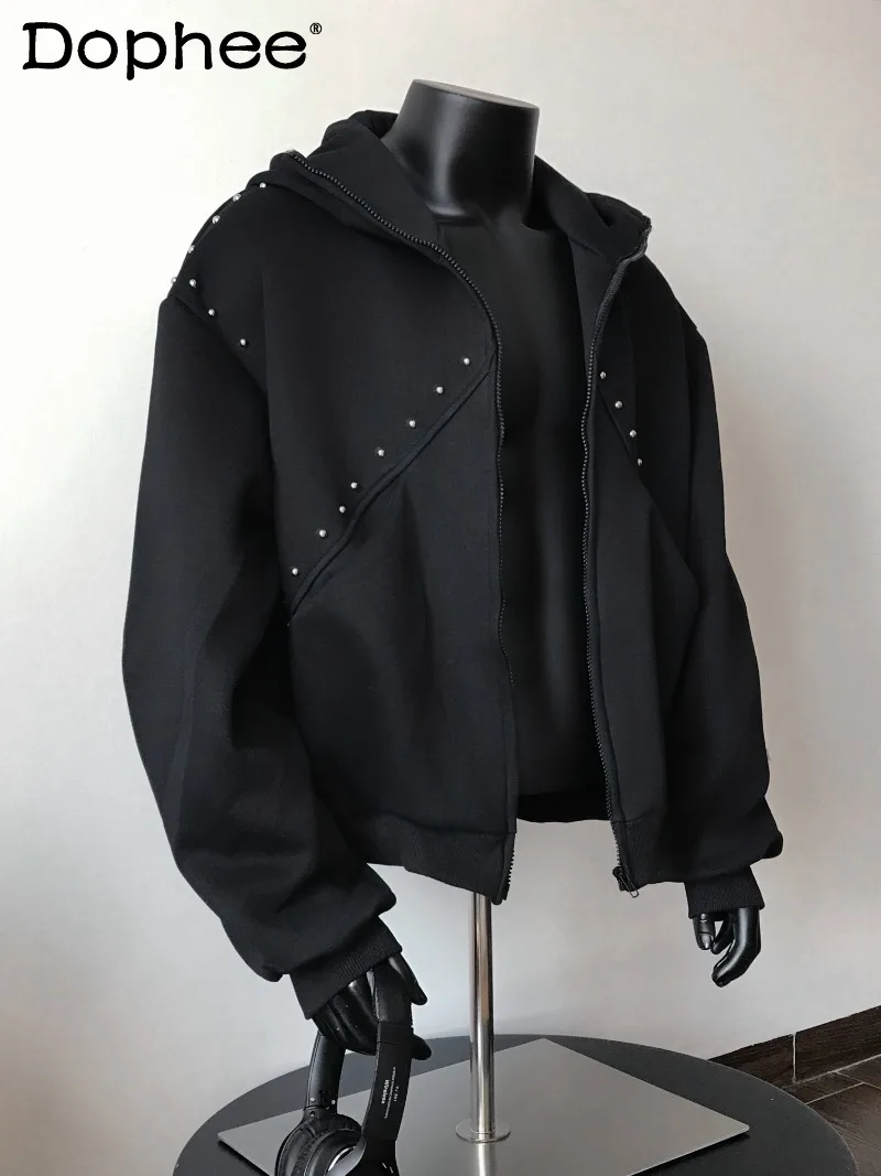 

American Retro Design Heavy-duty Rivet Hooded Sweatshirt Autumn New Casual Loose Cardigan Jacket for Men