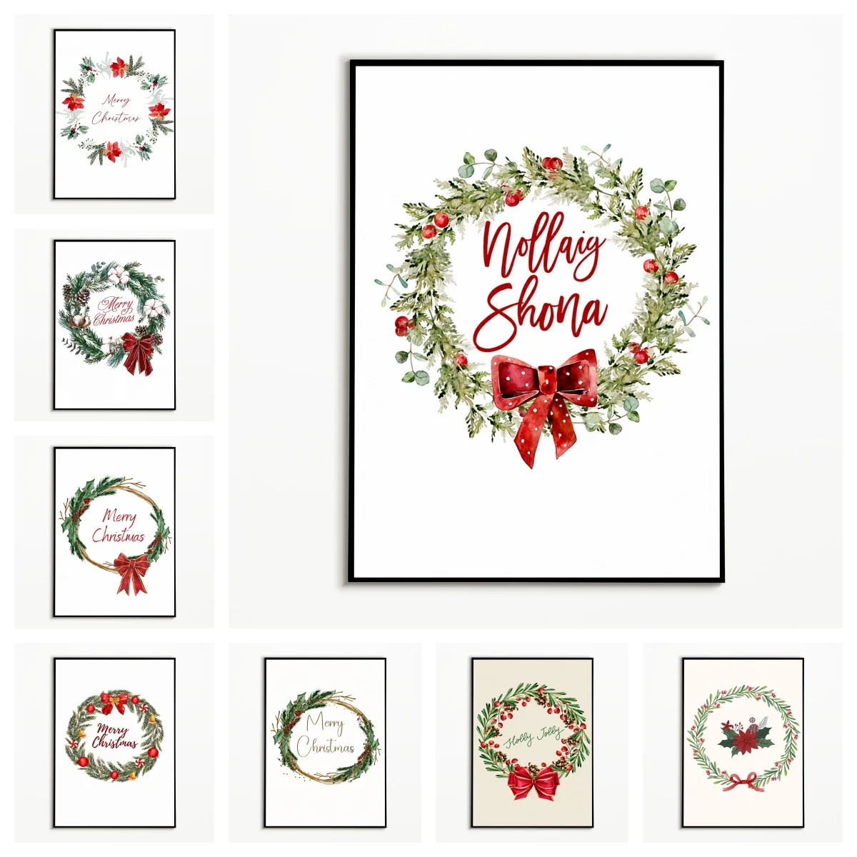 1PC Winter Christmas Wreath Poster Merry Christmas Wall Art Minimalist Green Plants Canvas Printing Festival Blessing Gift