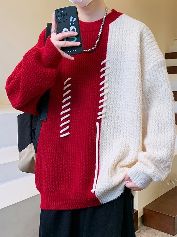

Loose Fit Thiened round Ne Sweater for Men Winter New Sle Red Year of the Casual Knitted Top Youthful Energy