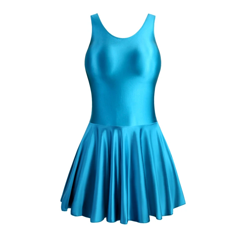 Sexy women gloss Silky one piece Swimsuit tight Vest Sports yoga ballet party dress leotard Beach Satin Short skirt