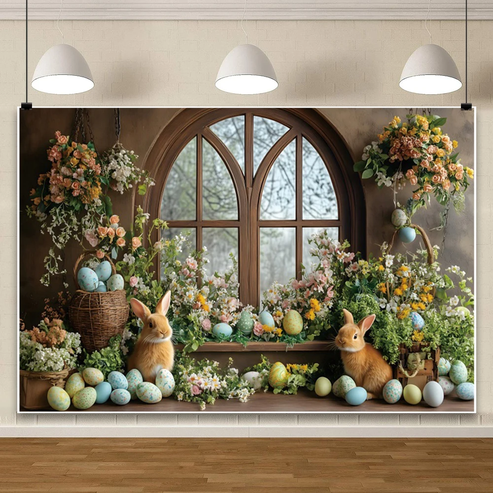 ربيع عيد الفصح حزب التصوير خلفية ملونة البيض أرنب نافذة مقوسة زهرة باقة الداخلية حزب خلفية استوديو الصور