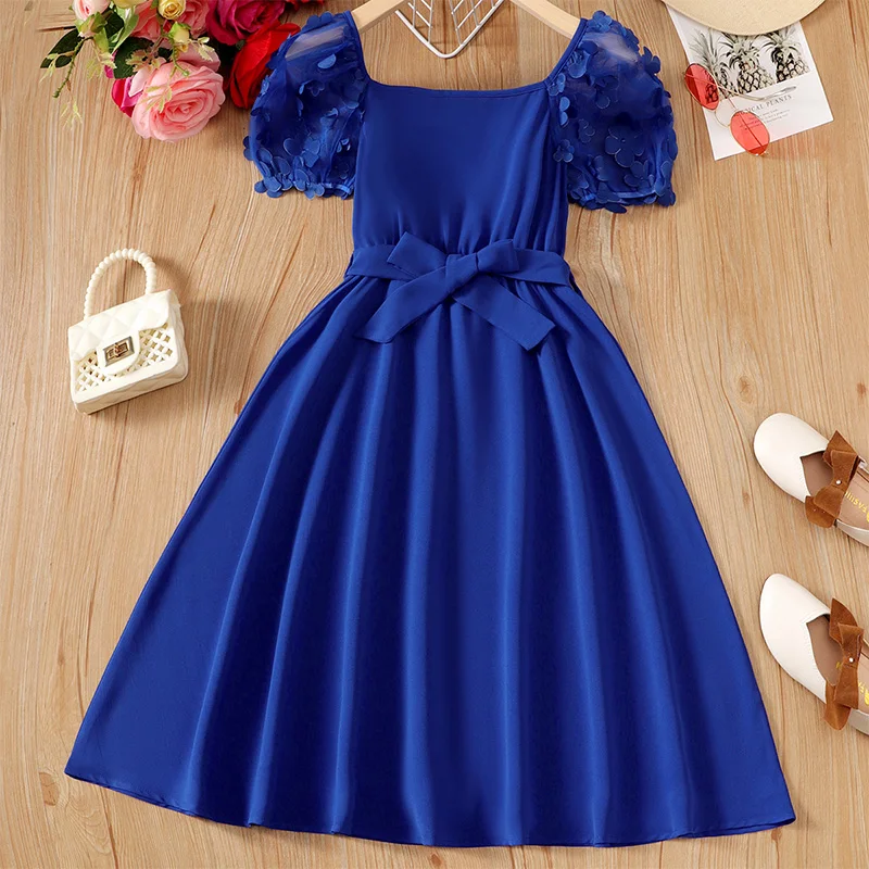 Summer Cute Girl Mesh Sleeves Round Neck Princess Dress Children\'s Wedding Birthday Party Girl Detachable Belt Blue Fluffy Dress