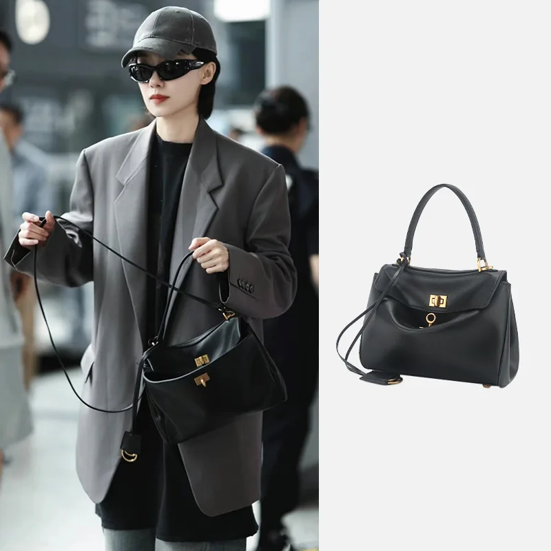 2024 new mini tote bag with neutral lock buckle and loose leather shoulder crossbody bag