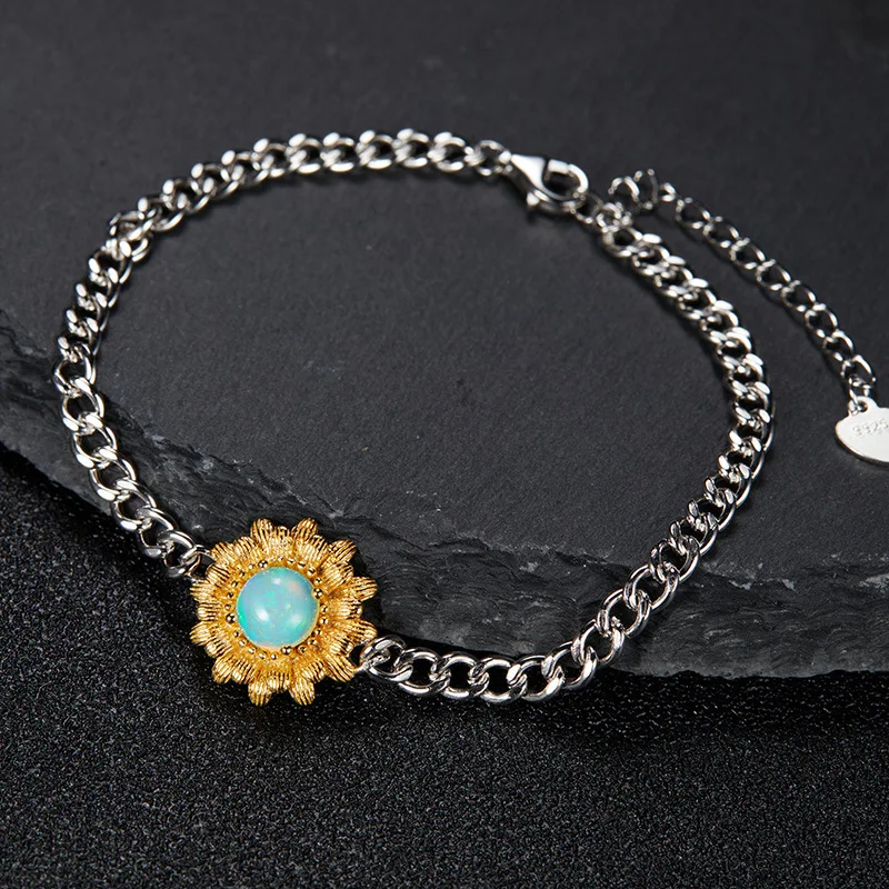 

Natural Colorful Gemstone OpalS925Sterling Silver Bracelet for Women with Small Daisy Design and Fire Color Gemstone, Versatile
