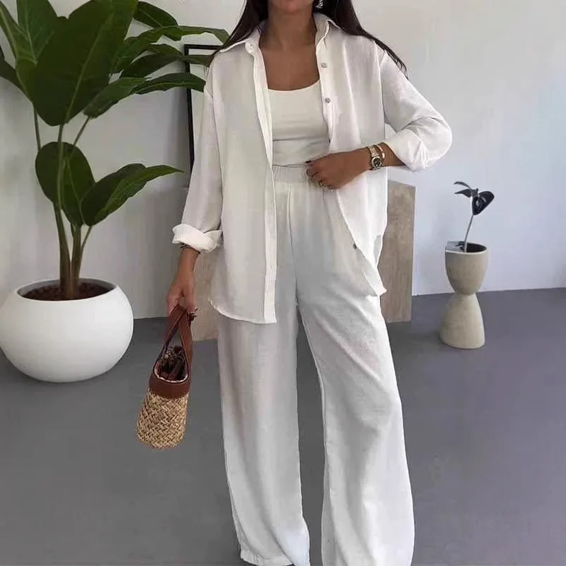 

Pant Set Women Two Piece Sets Turn Down Collar Matching Sets Casual Shirt Tops Wide Leg Long Pants High Waist Y2k Streetwear