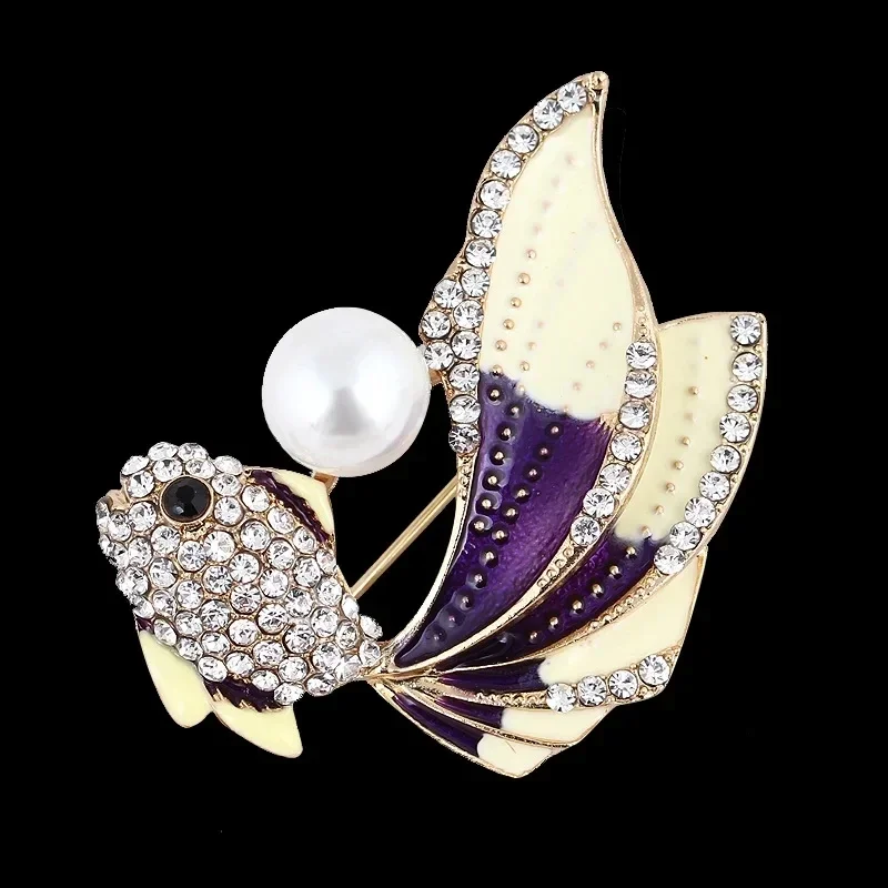 

Cute Colorful Goldfish Brooch Sparkling Rhinestone Pearl Lapel Pin Fashion Jewelry For Women Evening Party Wedding Gift Elegant