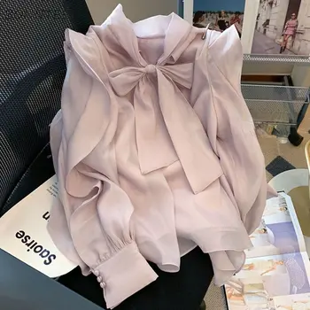 Tasarımcı Bluzlar Kadın Öfke Ruffles Yay Boyun Saf Estetik Tatlı Chemise Kız Gibi Baggy Fransız Moda Sokak Şıklığı Nazik Rahat