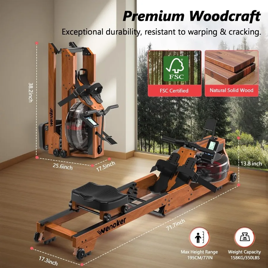 آلة التجديف المائية للاستخدام المنزلي، آلة التجديف الخشبية القابلة للطي مع شاشة قابلة للتعديل، خزان مياه كبير ومقعد مريح