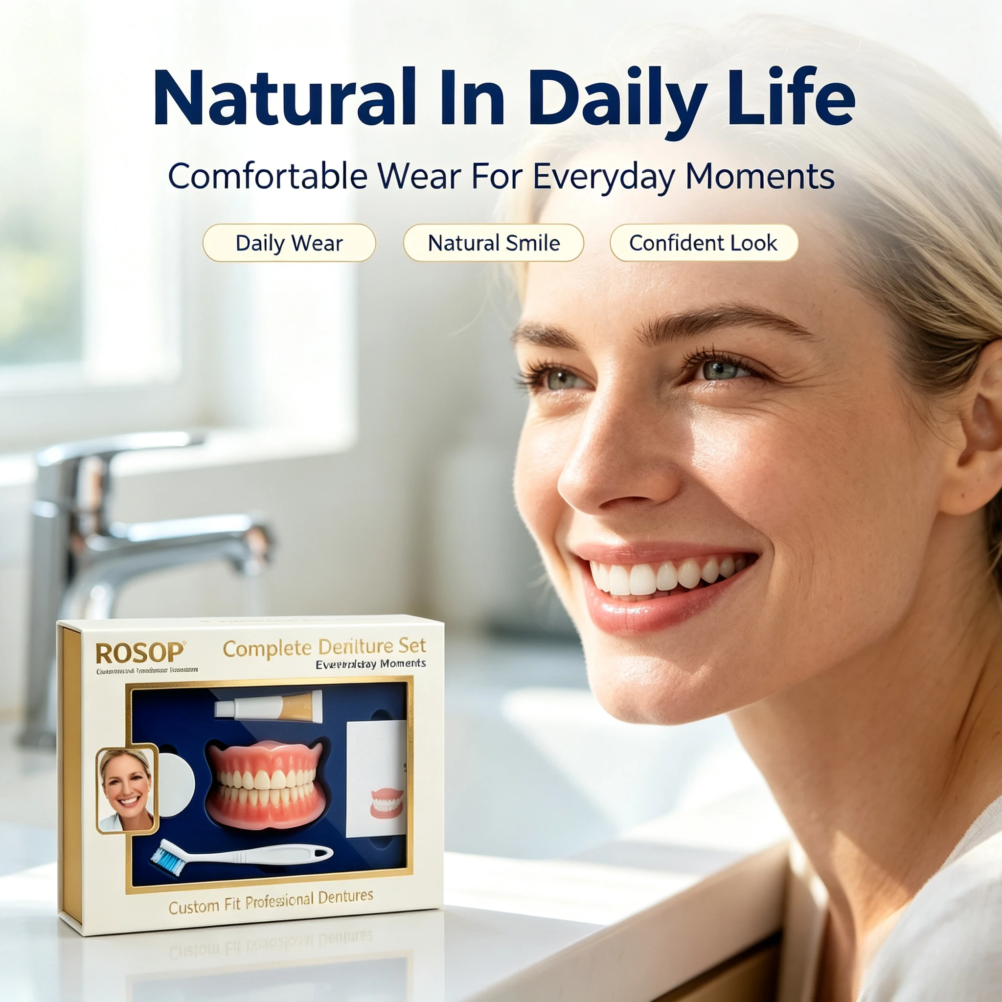 Custom‑Fit Silicone Complete Denture Set, Natural Cosmetic Upper Lower False Teeth with Toothbrush & Daily Smile Makeover