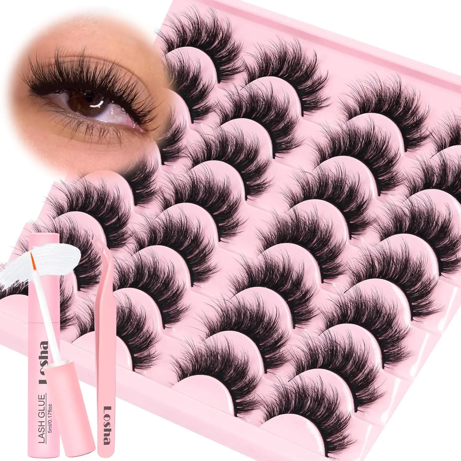 14 Pairs 5D Fluffy False Eyelashes Kit with Glue & Tweezers, Vegan & Reusable