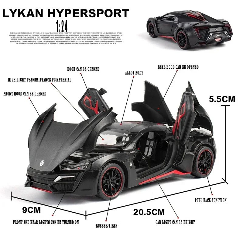 Modelo de carro esportivo Hyper-Alloy Lykan, puxar para trás, simulação, som e luz, pode abrir a porta, brinquedo fundido, presente para menino, 1:24