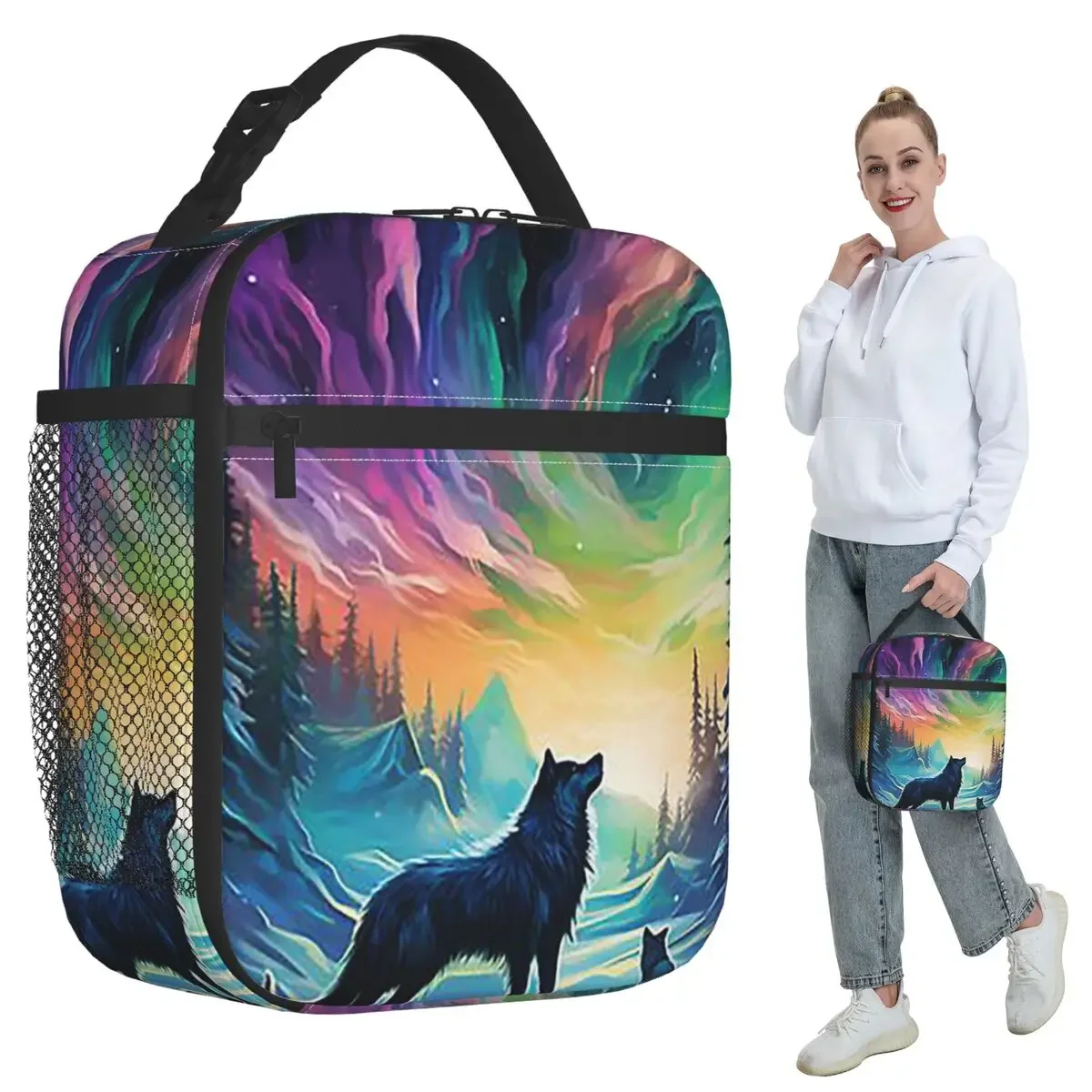 Wolf Northern Light Aurora Borealis Scenery Mountains Rivers Trees Insulated Lunch Bag Box Tote Portable Lunch Boxes Container