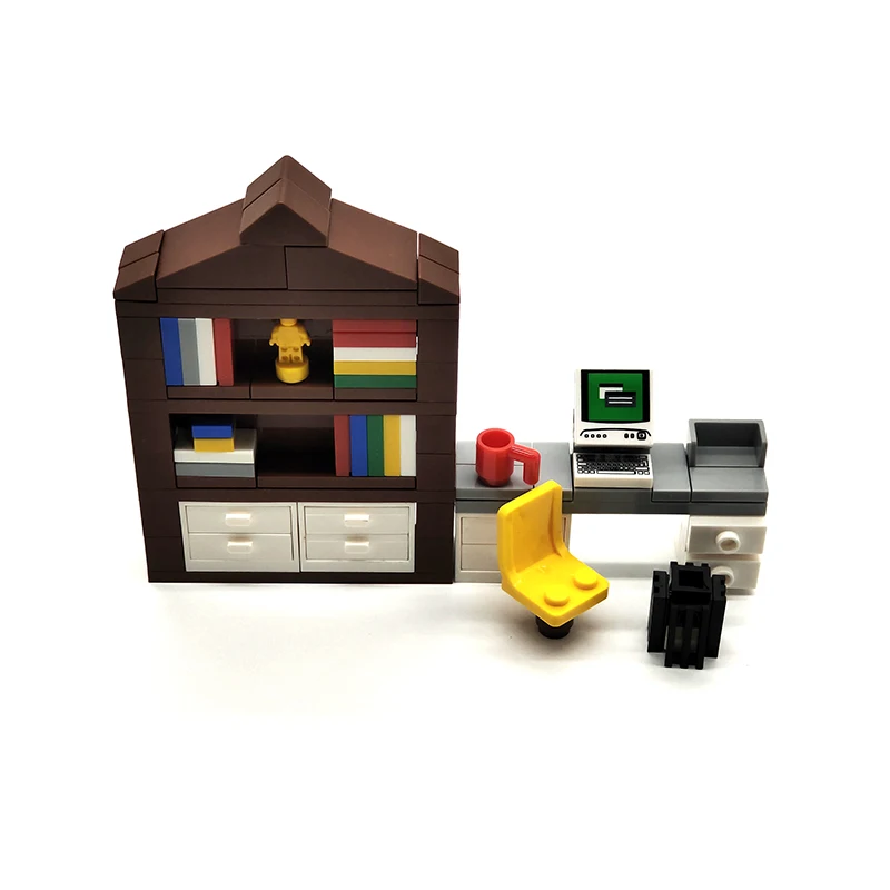 City MOC Building Blocks Parts Study Room Furniture Bricks Toys Student Bookcase Computer Desk Kits Compatible With LEGO