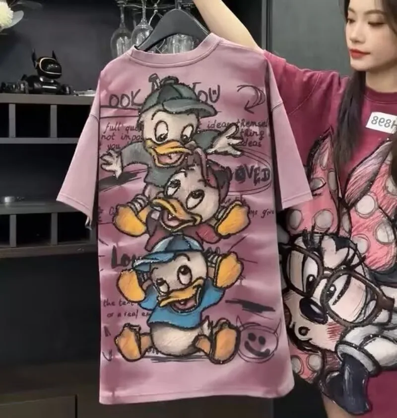 

Summer New Craftsmanship Design Cartoon Glitter Printed Donald Duck Short Sleeved T Shirt Loose Casual Covering The Buttocks Top