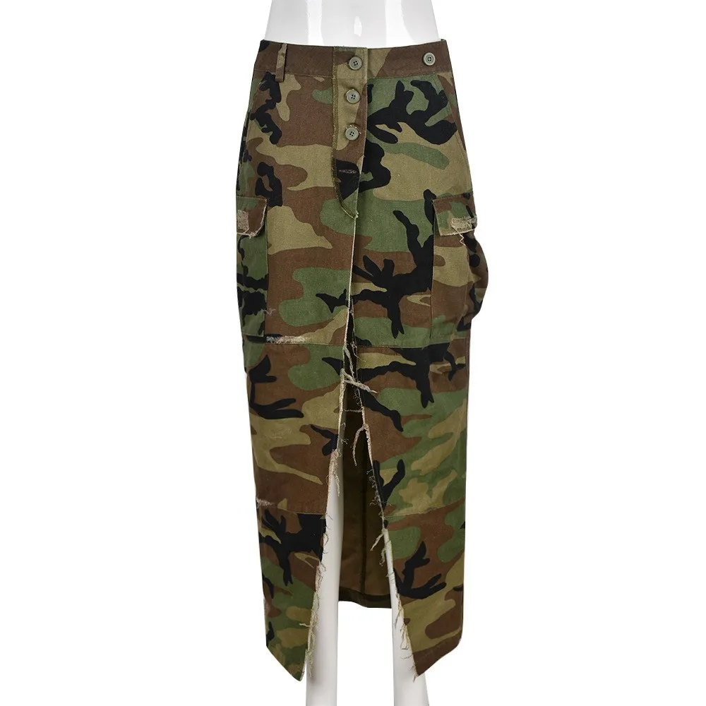 Elastic Waist Slit Skirt Edgy Street with Streetwear Pockets Camouflage Pattern Distressed Fringe Skirts for Women