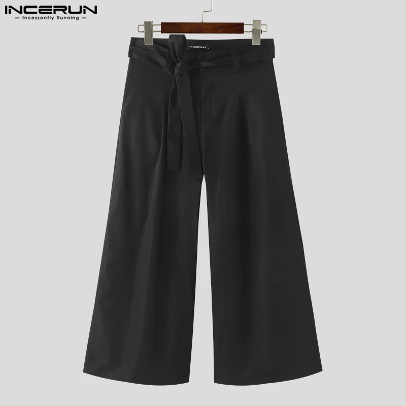 INCERUN-Pantalon à jambes larges pour hommes, couleur unie, taille haute, à lacets, streetwear, mode jogging, décontracté, 2024