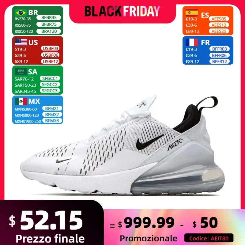 Nike White Air Max 270 Original Low Top Casual Running Shock Absorbing Anti slip Sneakers for Men and Women