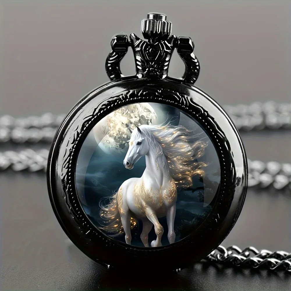 Vintage Unique Silver Horse Animal Design Necklace Pendant Quartz Pocket Watch