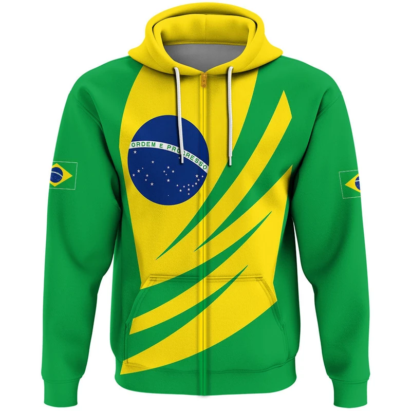 Brazil Flag Map Graphic Sweatshirts Brazilian National Emblem Zip Up Hoodie For Men Clothes Casual Male Hood Sport Boy Pullovers