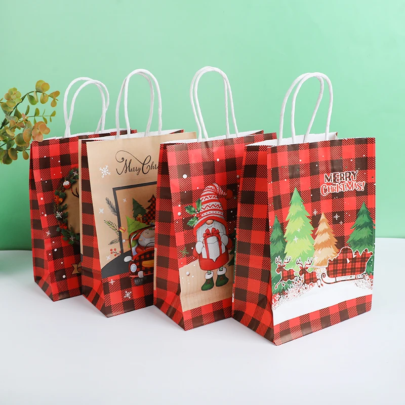 

4pcs Christmas Kraft Paper Tote Bag Christmas Candy Cookie Gift Packaging Handbags For Xmas New Year Party Biscuit Bag Noel 2025