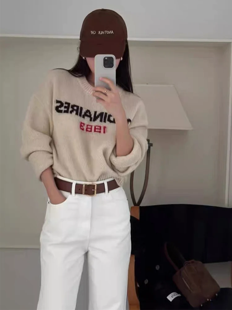 MOIA Sweater Women Autumn and Winter New Retro round Neck Letter Hejing Same Ged Woolen Sweater Inner wear Knit