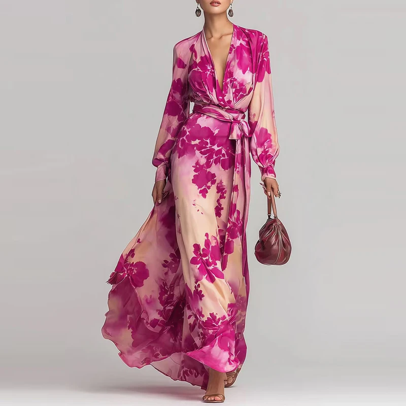 V-Ausschnitt Langarm-Urlaubskleid für Damen, Elegantes Muster-Print Drapiertes Langes Kleid, Modisches Hochgeschnittenes Chiffon-Kleid mit Weitem Saum