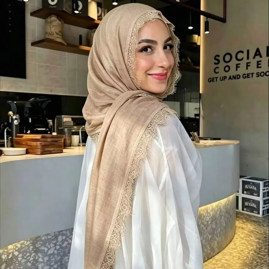Fashion Cotton Linen Bamboo Hijab With Lace Muslim Scarf Shawls Women Solid Headscarf Head wrap Shawl Islam Turban Ramadan Eid