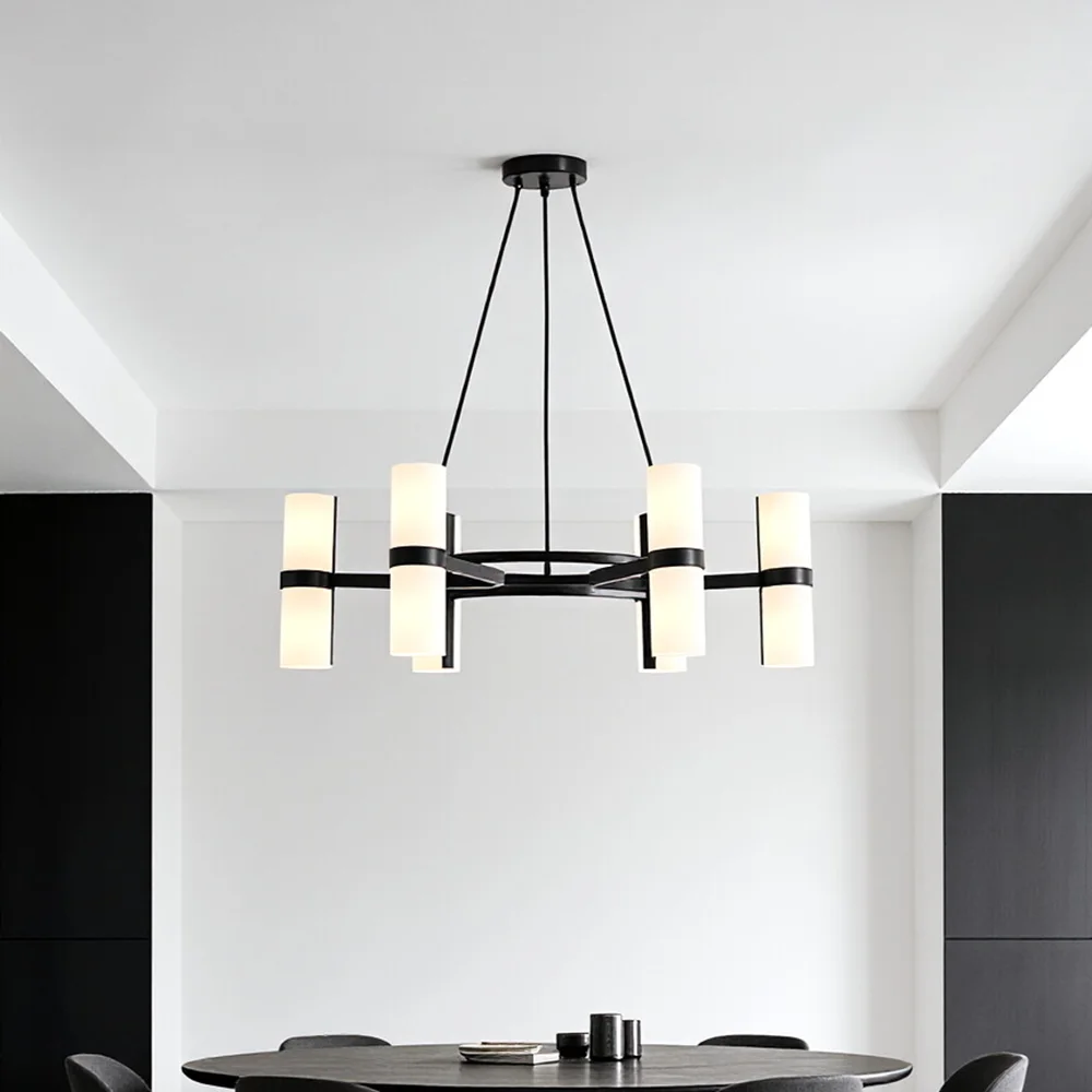 Modern Dining Room Black Chandelier With Frosted Glass Shades Cylinder Pendant Light For Living Room