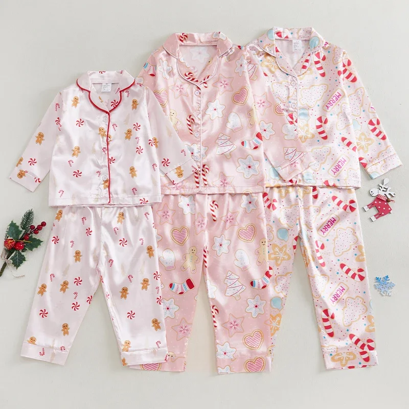 SUNSIOM Kids Christmas Pajama Sets Gingerbread Man/Candy Cane Print Lapel Neck Button-up Tops Long Pant Loungewear