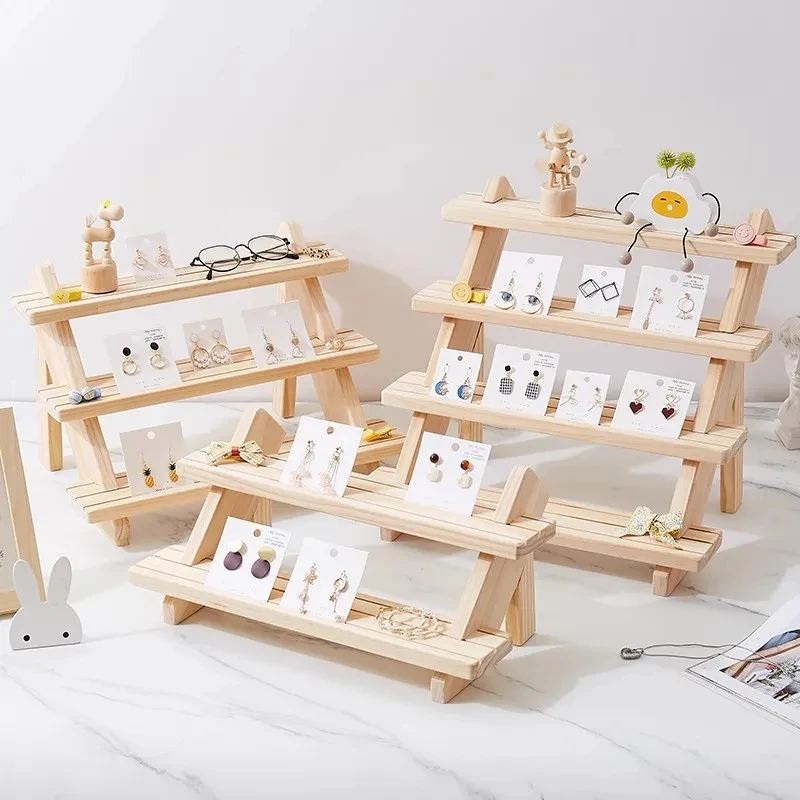 Wooden Jewelry Earring Display Stand, Ear Stud Holder, Cupcake Makeup Mini Figure Organizer, Showcase Rack, Shelf Riser, 3 Tier