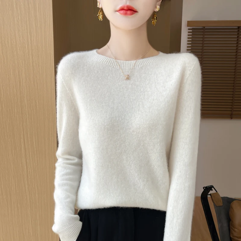 100% Wool Fashion Solid O-neck Sweater Women High Street 2024 Autumn Winter Casual Knitted Long Sleeve Female Tops Warm Pullover