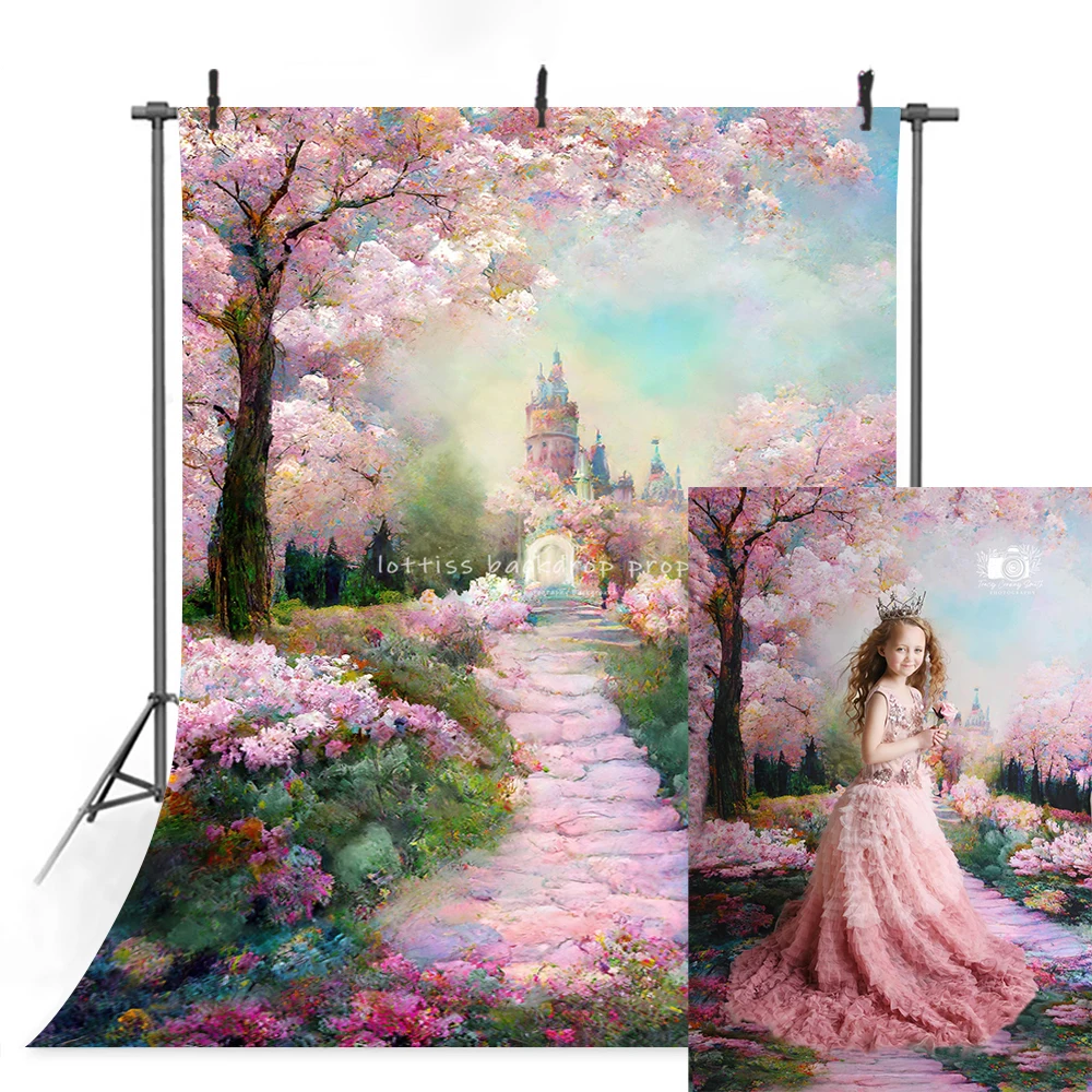 Pastel Wonderland Castle Backdrops Kids Girl Photography Props Child Baby Birthday Decors Floral Garden Road Background