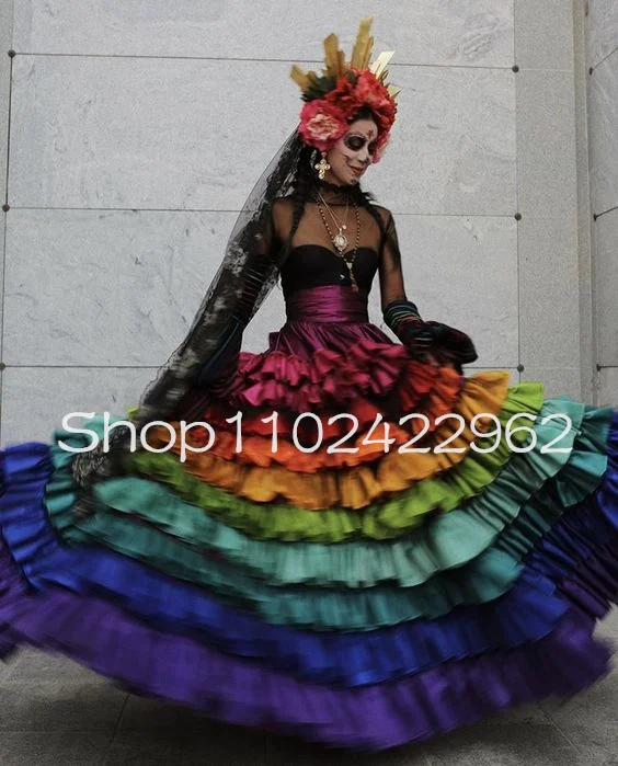 Rainbow Catrina Mexican Culture Prom Dresses Illusion Long Sleeve Death Day Costumes Sheer Neck Evening Gown Oufit customsized