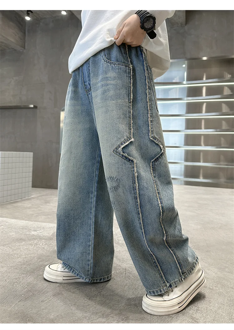 Frühlings- und Herbst-Jeans für Kinder und Jugendliche, Stylische Lose Gerade Hosen für Jungen im Europäisch-Amerikanischen Stil, Hochgeschnittene Baumwoll-Denim-Hosen – Detail 3