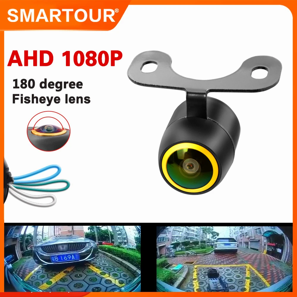 SMARTOUR Mini câmera externa universal para carro frontal e traseira AHD lente dourada NTSC CCD olho de peixe grande angular de 170 graus